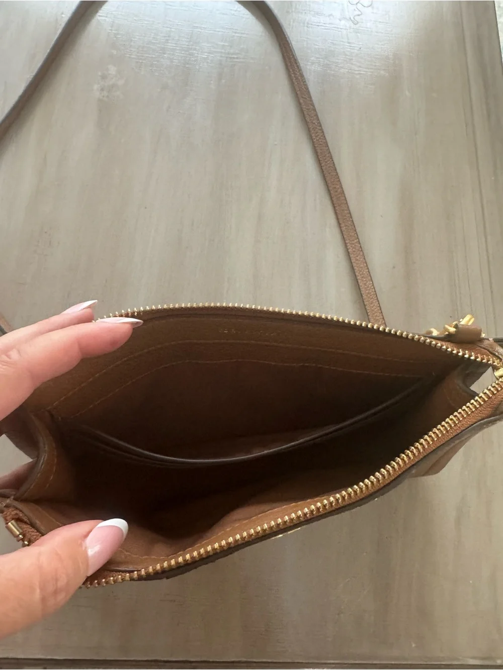 Tory Burch Carson Brown Leather Crossbody with Cream and Dark Brown Stripes